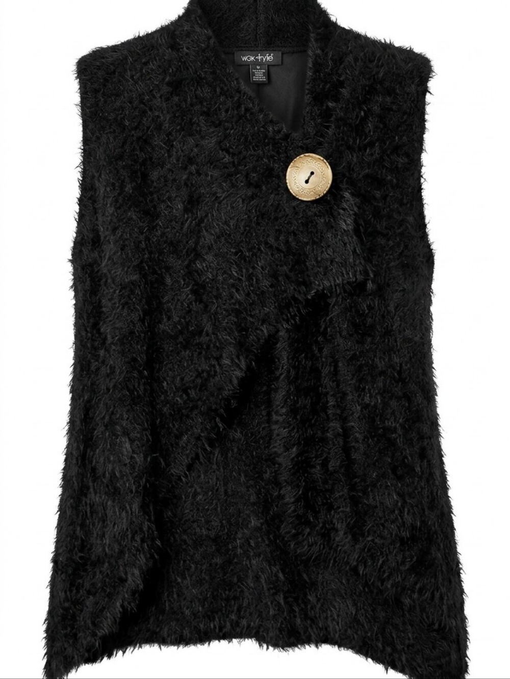 MARBLE Black Fuzzy Sleeveless Cardigan with Decorative Button